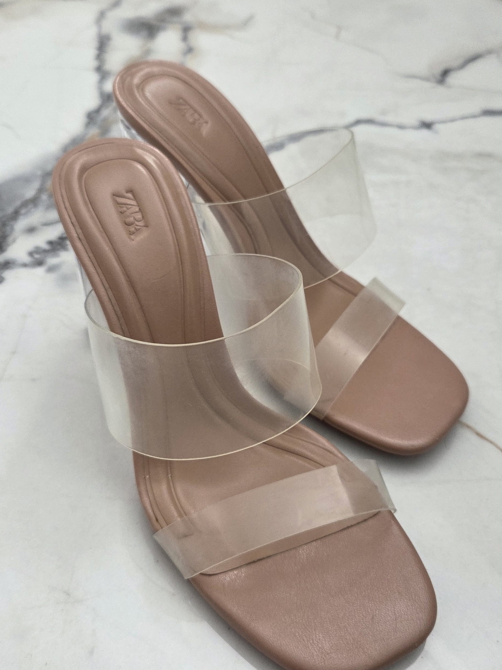 Zara Nude Blush Clear Double-Strap Heeled Mules